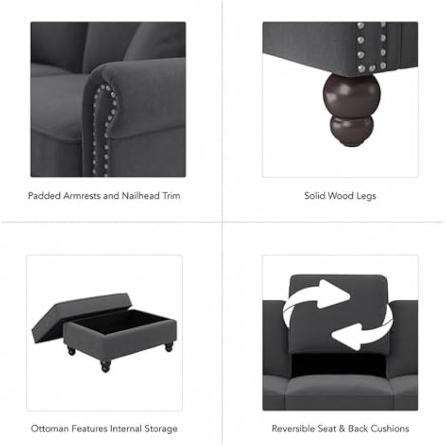 Bush Furniture Accent Chair with Ottoman Set, Armchair and Foot Rest with Pet-Friendly Fabric Upholstery for Traditional Living Room, Coventry Collection, Charcoal Gray Herringbone