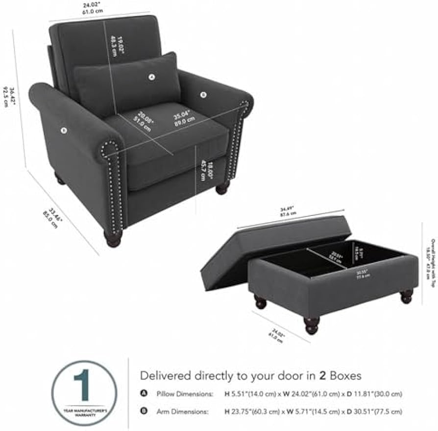 Bush Furniture Accent Chair with Ottoman Set, Armchair and Foot Rest with Pet-Friendly Fabric Upholstery for Traditional Living Room, Coventry Collection, Charcoal Gray Herringbone