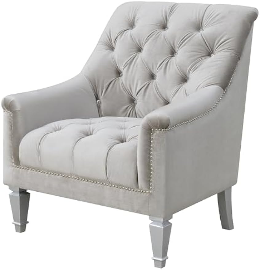 Coaster Home Furnishings - Avonlea - Velvet Upholstered Sloped Arm Accent Chair with Button Tufted Back, Wooden Base and Flared Back Legs - Living Room - Gray - 508463