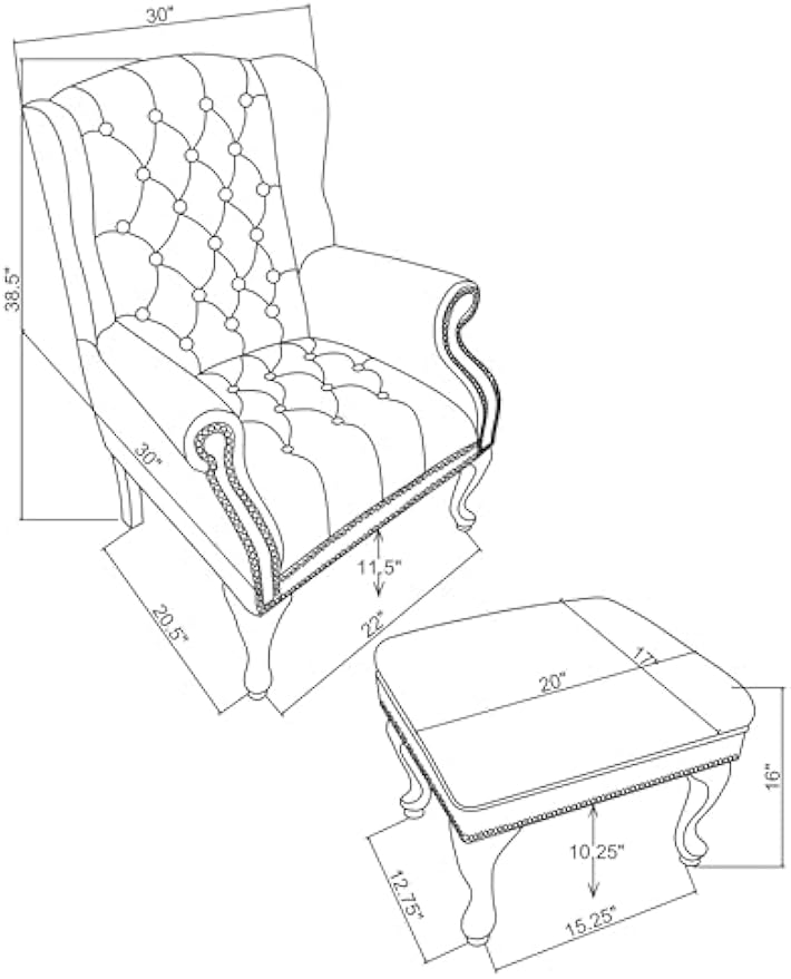 Coaster Home Furnishings - Roberts - Faux Leather Upholstered Wingback Chair and Ottoman Set with Tufted Seat, Nailhead Trim and Rolled Arms - Living Room - Black and Brown - 900262
