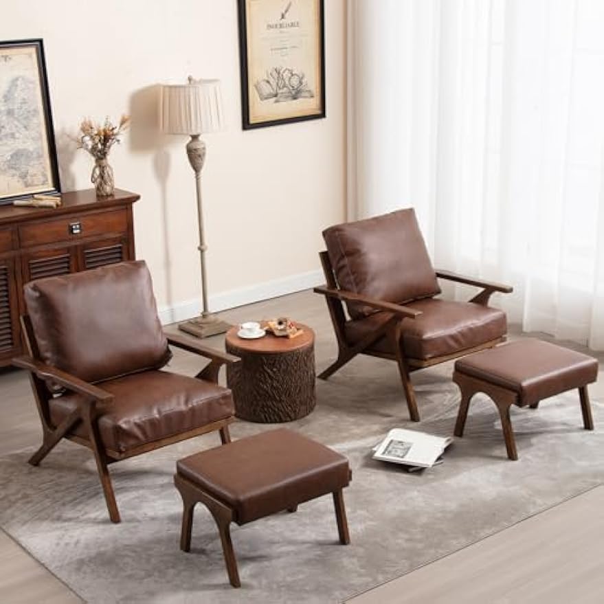 ZHENGHAO Accent Chair with Ottoman, Mid Century Modern Lounge Chair with footrest, Comfy Pu Leather Armchair for Reading/Living Room/Bedroom, Brown, Brown+ottoman