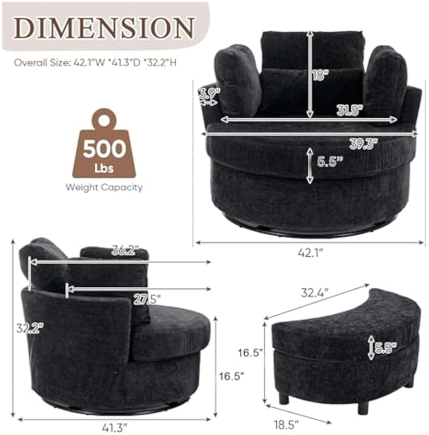 Swivel Chair, Swivel Barrel Accent Sofa Chair, Modern Chenille Club 360 Degree Swivel Chair, 42-inch Oversized Leisure Arm Chair for Nursery, Living Room, Hotel, Bedroom, Office, Lounge, Black