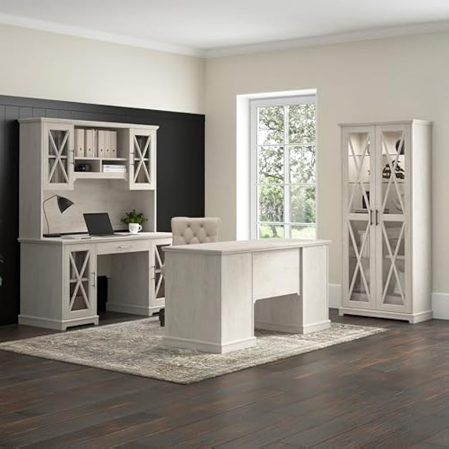 Bush Furniture Lennox 60W Farmhouse L Shaped Desk with Storage Cabinets in Linen White Oak | Corner Computer Table for Home Office Workspace