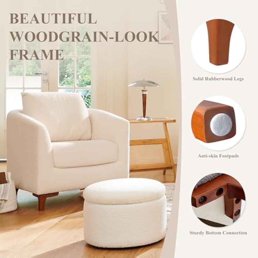 COLAMY Upholstered Sherpa Accent Chair with Storage Ottoman Set of 2, Barrel Living Room Side Chair with Back Pillow, Single Sofa Armchair for Bedroom/Office/Reading Spaces, Cream