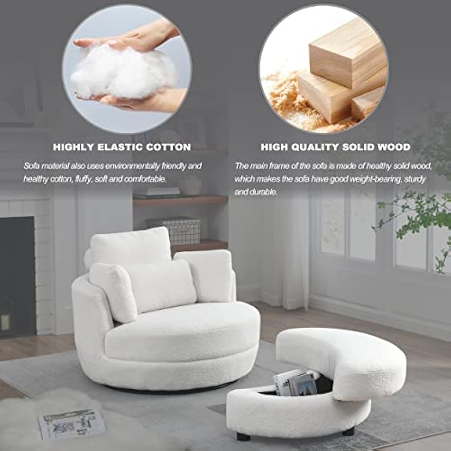 39" W Oversized Swivel Chair Barrel Armchair with Half Moon Storage Ottoman for Living Room, Sherpa Teddy Upholstered Leisure Lounger Chair Circle Round Armchair with 4 Pillows for Bedroom Nursery