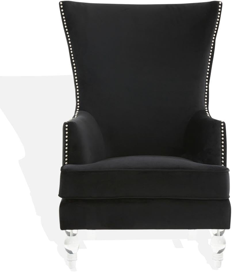 SAFAVIEH Couture Collection Geode Black Velvet Upholstered Wingback Chair with Clear Acrylic Legs & Studded Nailhead Trim for Living Room, Home Office, Study, Bedroom