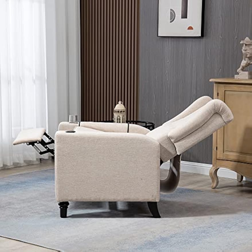 CHARMMA Arm Pushing Recliner Chair, Modern Button Tufted Wingback Push Back Recliner Chair, Living Room Chair Fabric Pushback Manual Single Reclining Sofa Home Theater Seating for Bedroom,Khaki Yelkow