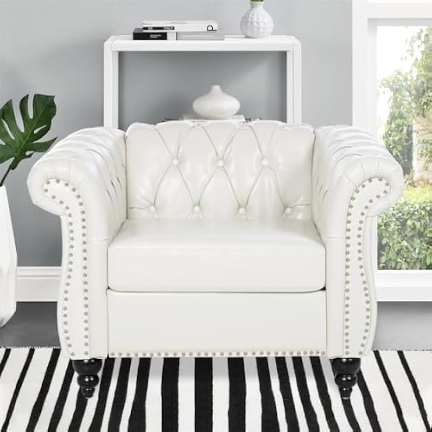 White Chesterfield Accent Chair Faux Leather Upholstered Tufted Wingback Club Chair, Mid-Century Modern Living Room Chair with Sturdy Wood Frame, Comfy Oversized Armchair for Bedroom Office
