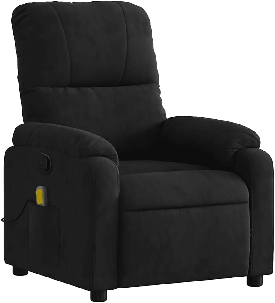 vidaXL Black Microfiber Fabric Massage Recliner Chair - 6-Vibration Push Manual Recliner with Side Pocket for Living Room