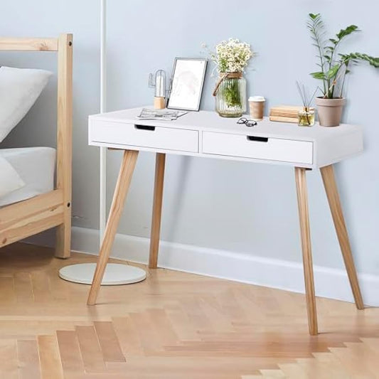 SUPER DEAL Mid Century Writing Computer Desk, Modern Home Office Laptop PC Desk with Two Storage Drawers & Solid Wood Legs, Console Table Makeup Vanity Table for Bedroom