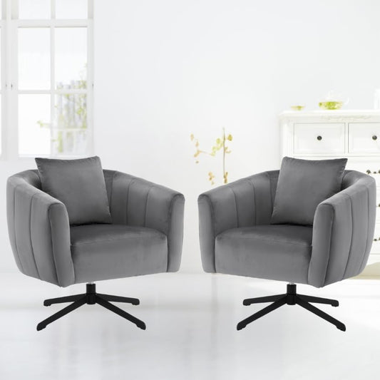 360°Swivel Accent Chair Set of 2, Modern Velvet Fabric Living Room Armchair,Reading Chair with Comfy Upholstered Fluffy Cushions & Metal Legs, Barrel Chairs for Bedroom/Lounge/Office,Grey