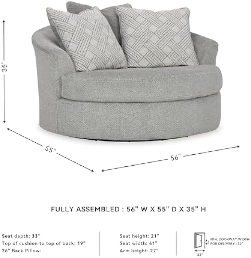 Signature Design by Ashley Casselbury Contemporary Upholstered Oversized Swivel Accent Chair with 3 Throw Pillows, Light Gray