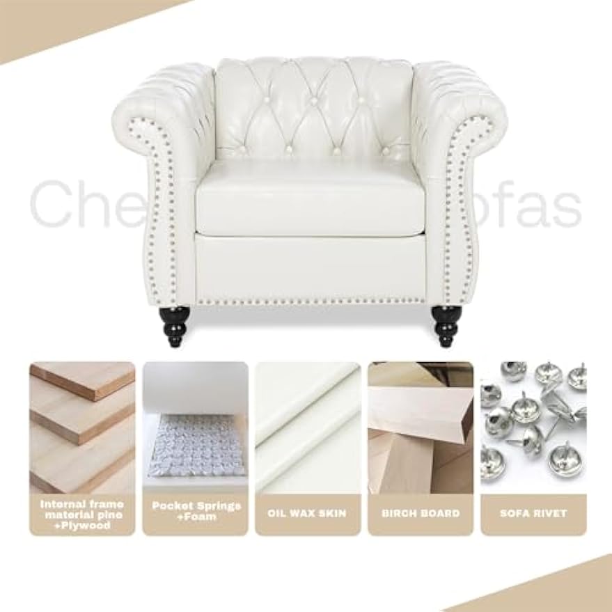 White Chesterfield Accent Chair Faux Leather Upholstered Tufted Wingback Club Chair, Mid-Century Modern Living Room Chair with Sturdy Wood Frame, Comfy Oversized Armchair for Bedroom Office