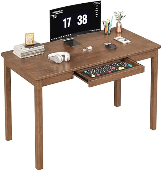 100% Solid Wood Desk with Keyboard Tray - 48 x 24 Inch Computer Desk with Keyboard Tray, Mid Century Modern Writing Desks, Simple Study Table Home Office Desks for Small Spaces|Bedroom-Walnut