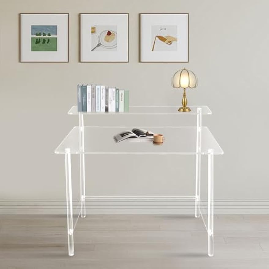 Clear Acrylic 2 Tier Freestanding Desk, Clear Desk w/31.5x19.69in Desktop, 34.65in Height, 88lbs Load Capacity, Modern Rectangular Computer/Writing Desk for Home & Office