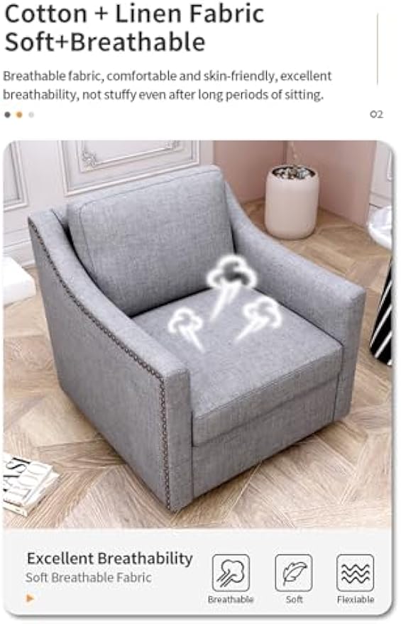 360 Degree Swivel Armchair Cotton Linen Skin-Friendly Fabric Ergonomic Design Brass Nail Decorative Armchair Living Room Chairs Bedroom Chairs Living Room Chairs Black Legs Suitable for Indoor Homes