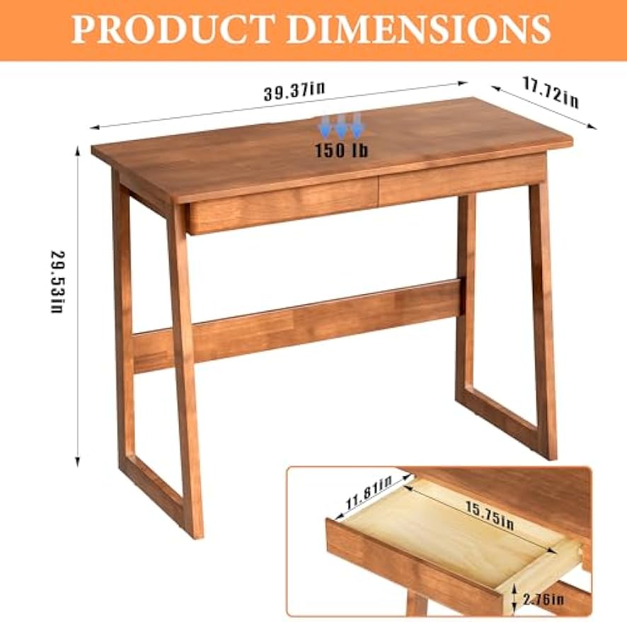100% Solid Wood Writing Desk - Mid Century Modern Desk, Home Office Desks with Drawers, Walnut Vintage Desks, Laptop Computer Work Study Table for Bedroom, Living Room & Office