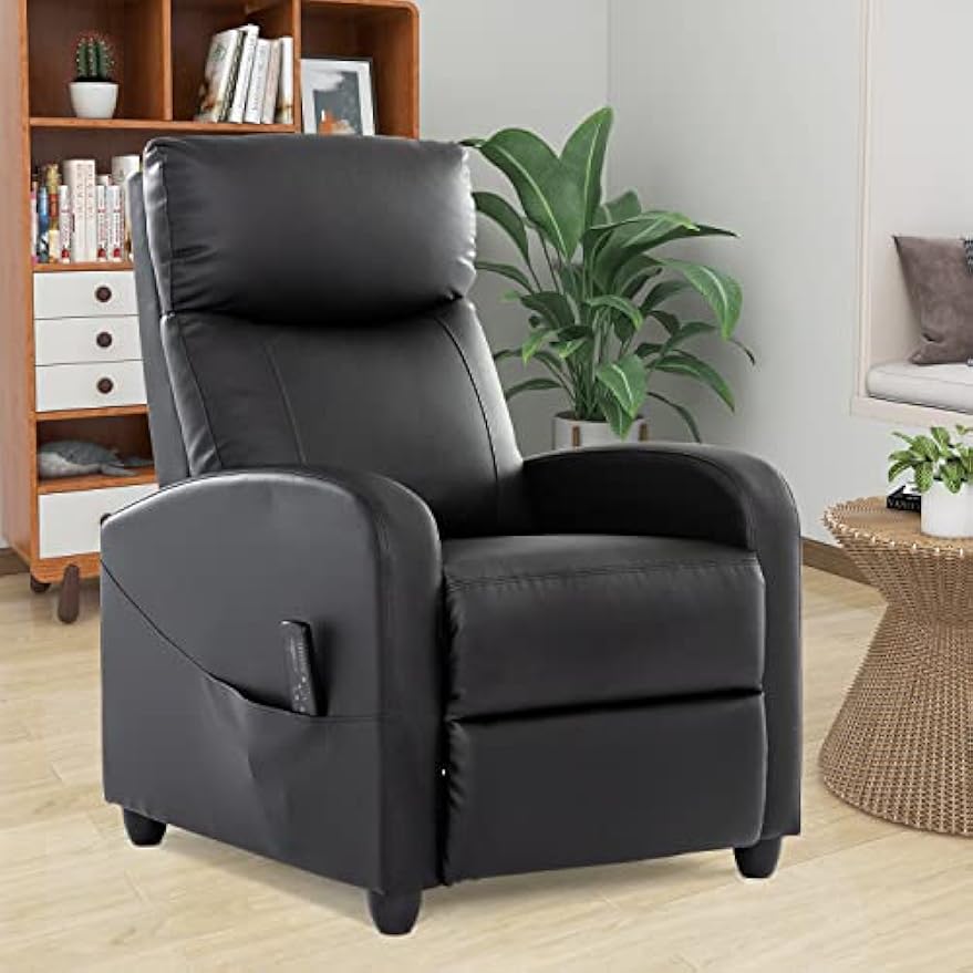 Zanzio Living Room Massage Recliner Chair, Modern High Back PU Leather Adjustable Heated Reclining Home Theater Single Sofa Chair with Padded Seat for Lounge Bedroom, Black (ZA-J5V)