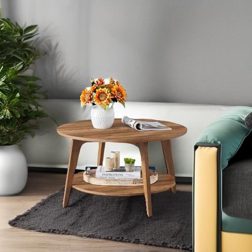 VASAGLE Round Coffee Table, 2 Tier Coffee Table with Storage, for Living Room, 31.5 x 17.7 Inches, Easy to Assemble, Honey Brown ULCT243K41