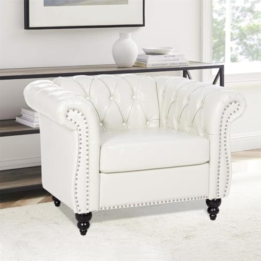 White Chesterfield Accent Chair Faux Leather Upholstered Tufted Wingback Club Chair, Mid-Century Modern Living Room Chair with Sturdy Wood Frame, Comfy Oversized Armchair for Bedroom Office