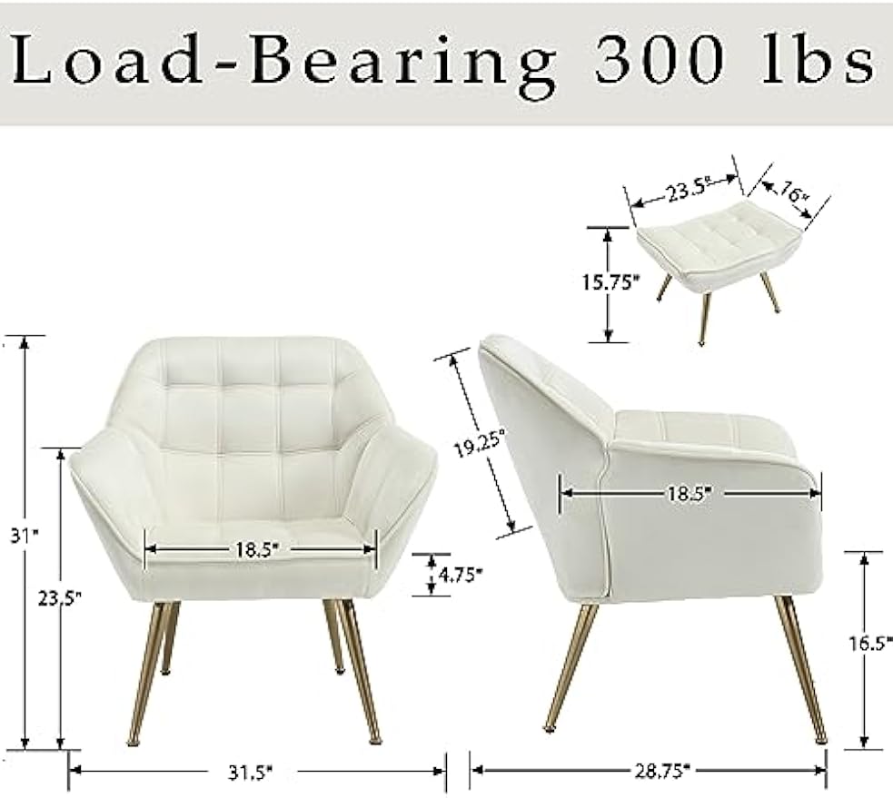 Velvet Accent Reading Chair with Ottoman, Modern Upholstered Chair with Ottoman Armchair with Gold Metal Legs Comfy Lounge Chair for Small Spaces Living Room Bedroom Book Nook, Off White