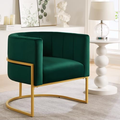 Upholstered Velvet Accent Chair,Comfortable Fashional Living Room Chair with Golden Metal Stand,Mid-Century Leisure Chair with Curve Backrest- (Jade Green)