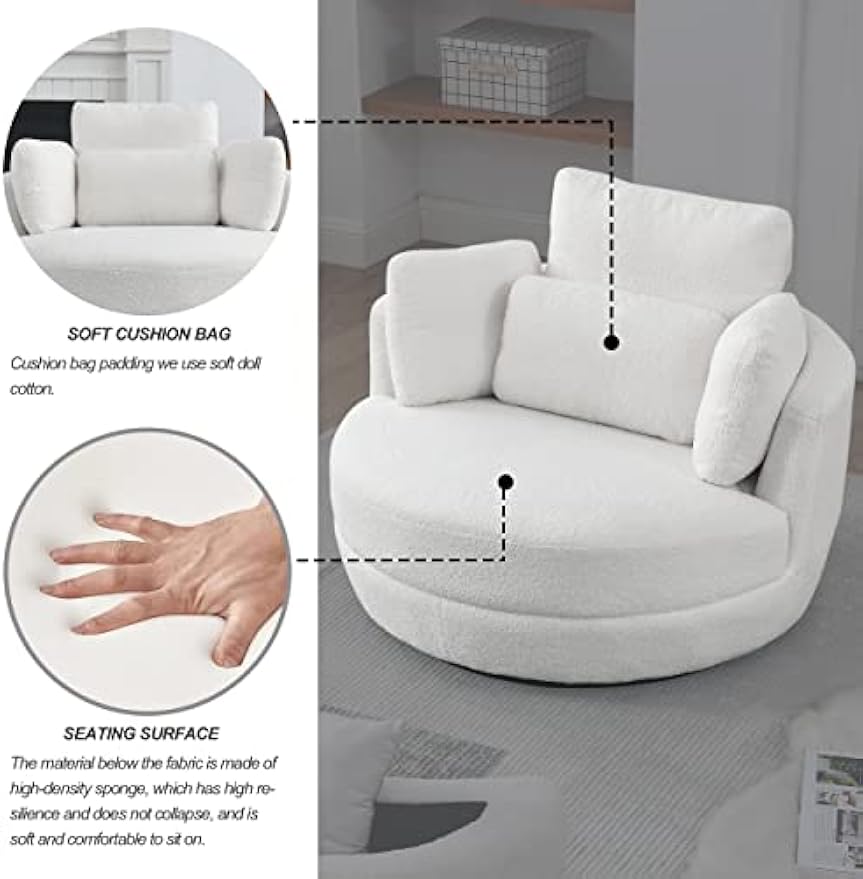 39" W Oversized Swivel Chair Barrel Armchair with Half Moon Storage Ottoman for Living Room, Sherpa Teddy Upholstered Leisure Lounger Chair Circle Round Armchair with 4 Pillows for Bedroom Nursery
