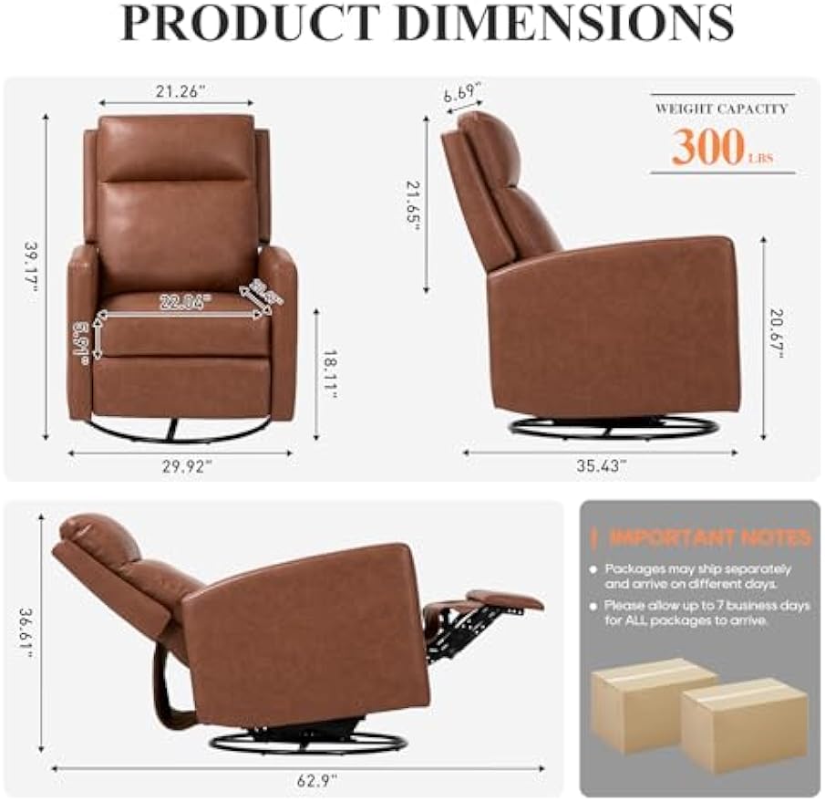 COLAMY Swivel Rocking Recliner,Wide PU Leather Glider Sofa Chair with Ergonomic High Backrest for Living Room, Office, Bedroom（Cocoa）