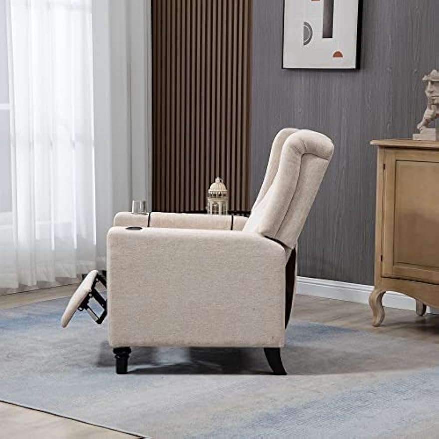 CHARMMA Arm Pushing Recliner Chair, Modern Button Tufted Wingback Push Back Recliner Chair, Living Room Chair Fabric Pushback Manual Single Reclining Sofa Home Theater Seating for Bedroom,Khaki Yelkow
