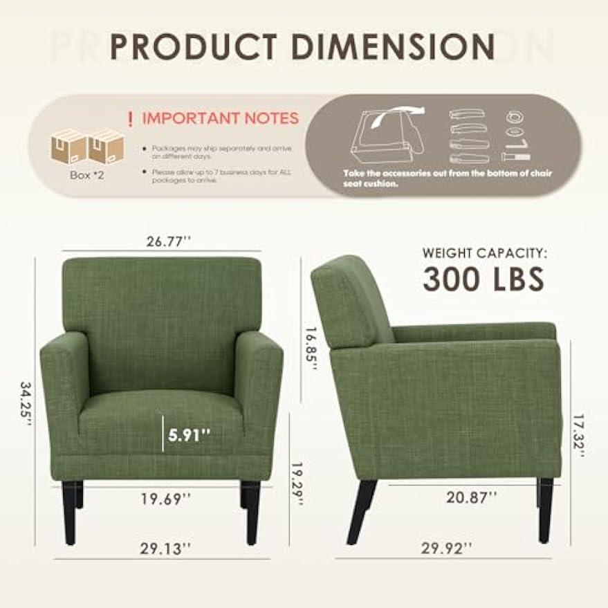 Upholstered Accent Chair Set of 2 for Living Room, Modern Fabric Accent Armchair with Back, Soft Single Sofa Chair with Arms for Bedroom/Office/Reception Room, Green