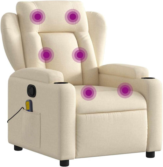vidaXL Massage Recliner Chair - Cream Fabric - Manual Recliner with 6-Point Vibration Massage, Cup Holders, and Side Pocket for Living Room/Office - Adjustable Footrest and Backrest