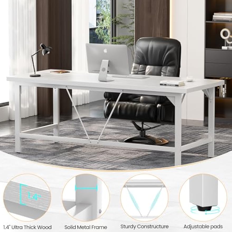 Unikito Large Office Desk, 70.8 x 31.5 Inch Extra Long Executive Computer Desks, Heavy Duty 2 Person Desk, Premium Super Thick Study Writing Table Computer Table for Home Office Workstation, White