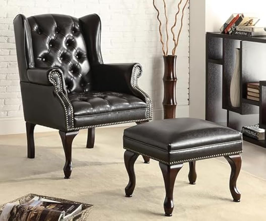 Coaster Home Furnishings - Roberts - Faux Leather Upholstered Wingback Chair and Ottoman Set with Tufted Seat, Nailhead Trim and Rolled Arms - Living Room - Black and Brown - 900262