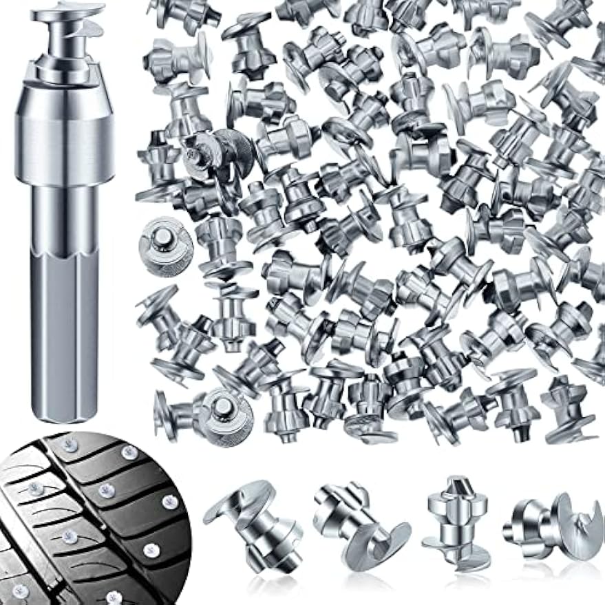 Carbide Spikes for Truck Tires - Snow Studs for Snowmobile & Racing Car - 7 x 9.9 mm (101 Pieces) with Installation Tool