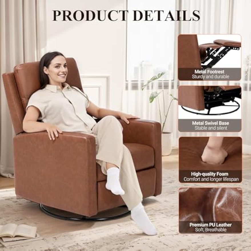 COLAMY Swivel Rocking Recliner,Wide PU Leather Glider Sofa Chair with Ergonomic High Backrest for Living Room, Office, Bedroom（Cocoa）