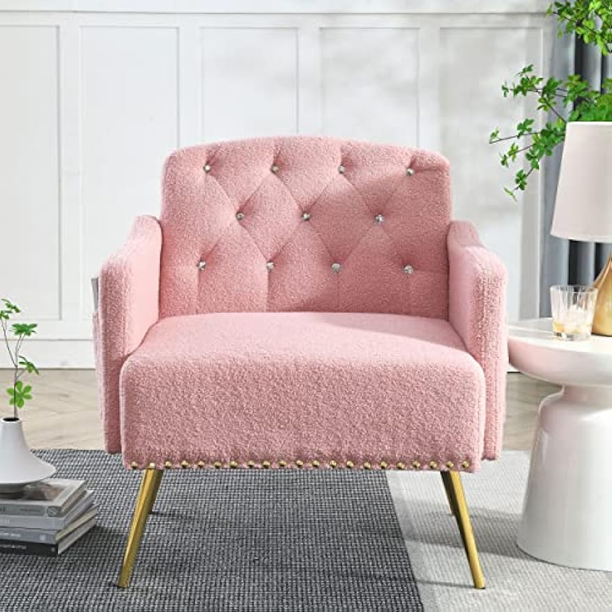 30 "W Modern Chesterfield Tufted Upholstered Chair with Deep Buttons, Living Room Chair, Comfortable Armchair, Gold Hardware Legs, Tufted Chair for Reading or Relaxing, Pink Teddy