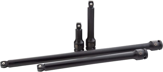 SUNEX TOOLS 2504, 1/2 Inch Drive Impact Extension Set, 4 Piece, SAE, 3 Inch - 15 Inch, Cr-Mo Steel, Radius Corner Design, Wobble Drive, Steel Ball Retainer, Dual Size Markings, with Storage Tray