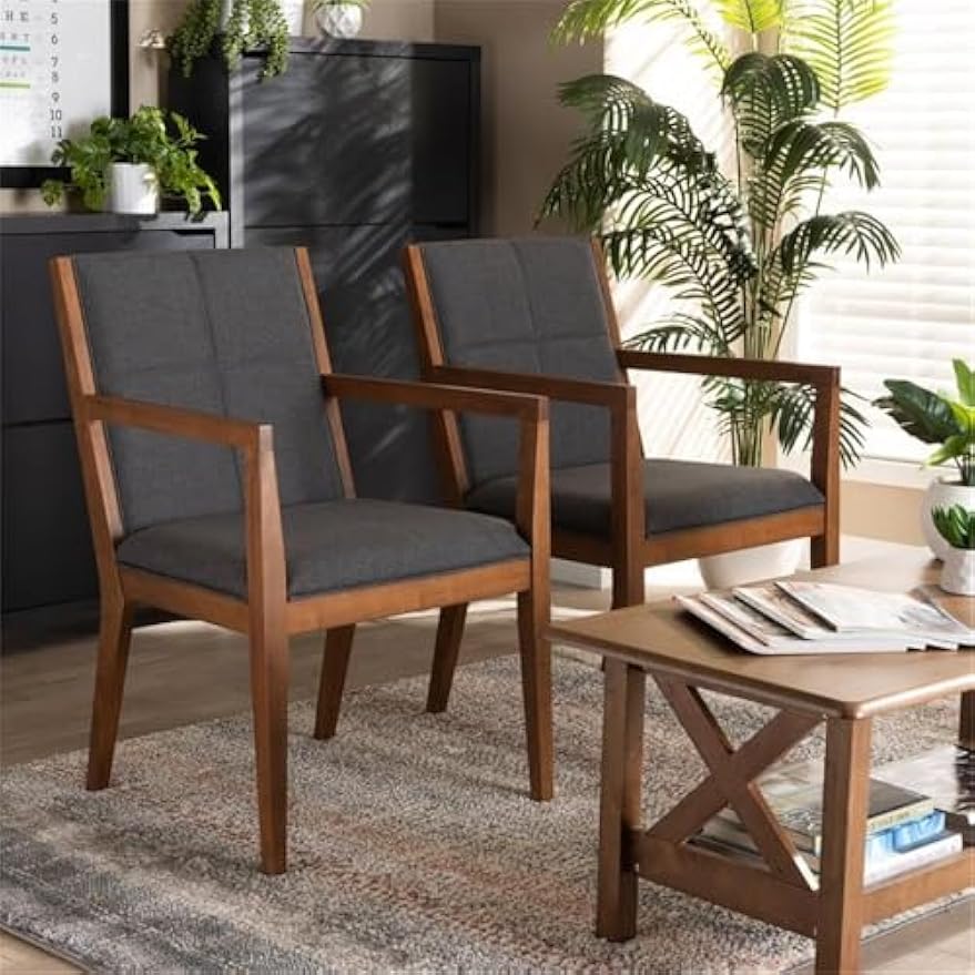 Baxton Studio Theresa Mid-Century Modern Dark Grey Fabric Upholstered and Walnut Brown Finished Wood Living Room Accent Chair (Set of 2)