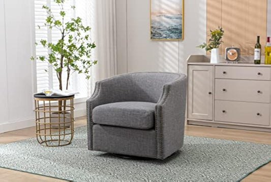 Swivel Glider Armchair for Living Room Bedroom Reading, Mid Century Modern Swivel Accent Chairs Barrel Chair Curved Arm Nailhead- 28.35 x 30.12 x 28.35 in (Dark Gray Linen, Single Club Chair)