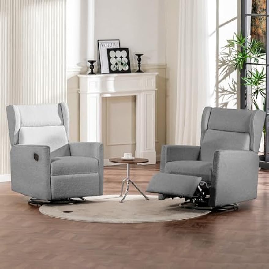 COMHOMA Nursery Rocking Chair Teddy Upholstered Swivel Rocker Recliner Manual Glider Reclining Chair for Living Room Bedroom Offices (Grey, 2 pcs)
