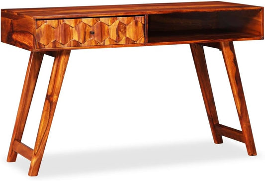 vidaXL Solid Wood Writing Table with Drawer - Brown Scandinavian Style Study and Office Desk with Shelf, Polished, Painted, and Lacq
