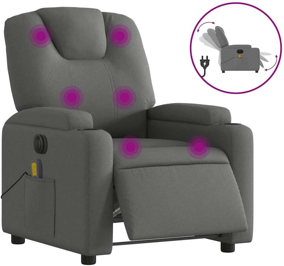 vidaXL Electric Massage Recliner Chair - Wingback, Dark Gray Fabric, Automated Reclining, Vibration, Cup Holders for Living Room Comfort