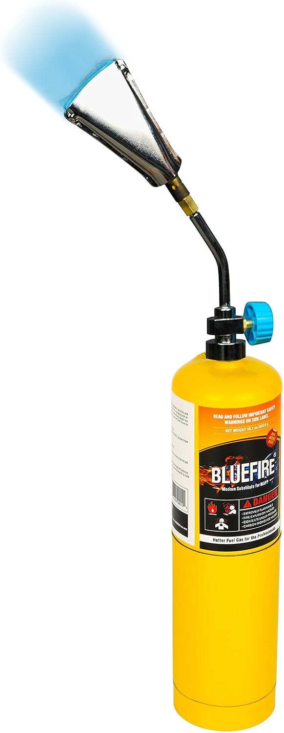 BLUEFIRE Solid Brass Pencil Flame Gas Welding Torch Head Nozzle Professional Upgrade Kit with MAPP All-Purpose Bundle with hard box interchangeable heads Fuel by MAP Pro Propane CGA 600 Cylinder