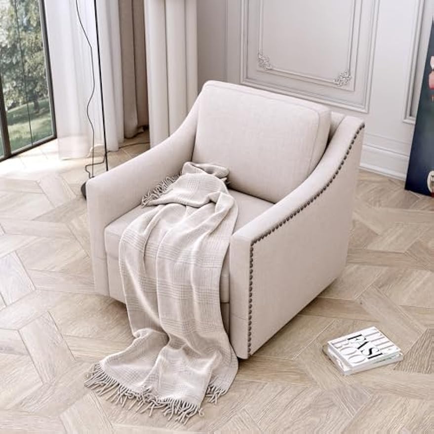 360 Degree Swivel Armchair Cotton Linen Skin-Friendly Fabric Ergonomic Design Brass Nail Decorative Armchair Living Room Chairs Bedroom Chairs Living Room Chairs Black Legs Suitable for Indoor Homes