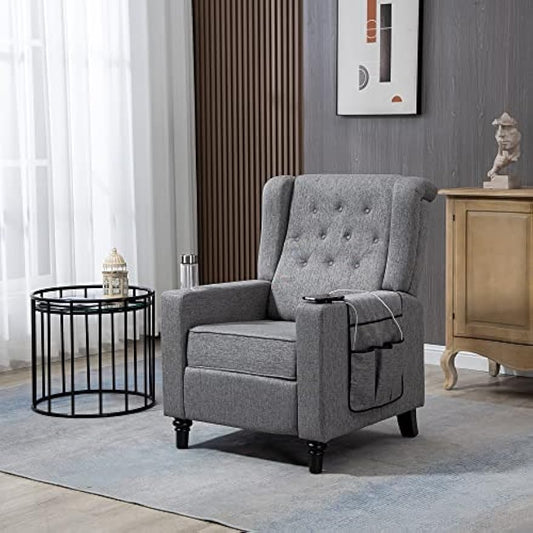 CHARMMA Arm Pushing Recliner Chair,Modern Button Tufted Wingback Push Back Recliner Chair,Living Room Chair Fabric Pushback Manual Single Reclining Sofa Home Theater Seating for Bedroom,Dark Gray-142