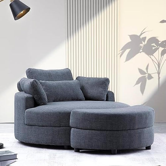 51.2" Oversized Accent Barrel Chair with Adjustable Headrest, Storage Ottoman and 4 Pillows, Round Barrel Armchair Leisure Club Cozy Round Chair for Home Apartment Hotel Living Room
