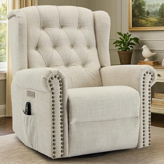 VIVIJASON Power Swivel Rocking Recliner Chair with Massage & Heat, Electric Rocker Glider Chair for Nursery, Wingback Tufted Upholstered Recliner W/Type-C & USB Ports for Living Room, Bedroom, Beige