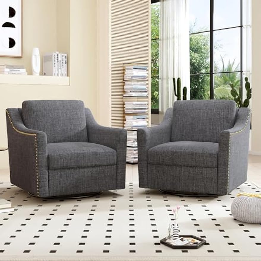 360 Degree Swivel Armchair Cotton Linen Skin-Friendly Fabric Ergonomic Design Brass Nail Decorative Armchair Living Room Chairs Bedroom Chairs Living Room Chairs Black Legs Suitable for Indoor Homes