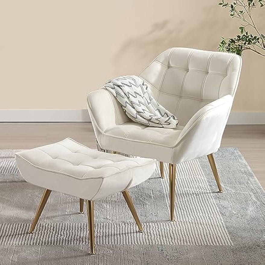Velvet Accent Reading Chair with Ottoman, Modern Upholstered Chair with Ottoman Armchair with Gold Metal Legs Comfy Lounge Chair for Small Spaces Living Room Bedroom Book Nook, Off White