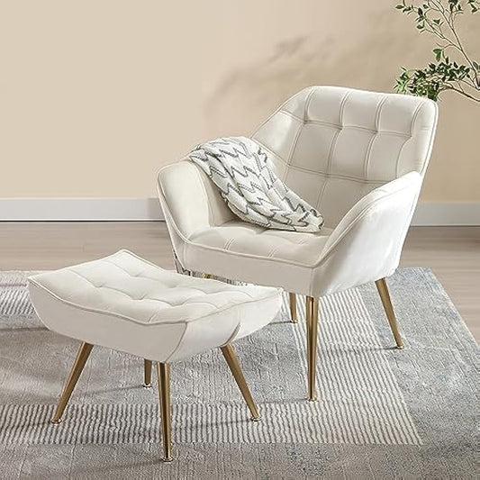 Velvet Accent Reading Chair with Ottoman, Modern Upholstered Chair with Ottoman Armchair with Gold Metal Legs Comfy Lounge Chair for Small Spaces Living Room Bedroom Book Nook, Off White
